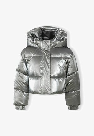 Félbevágott pufi kabát metál ezüst színben, magas gallérral, vastag töltettel és bordás mandzsettákkal. Simaság és fényes textúra, elöl cipzárral.