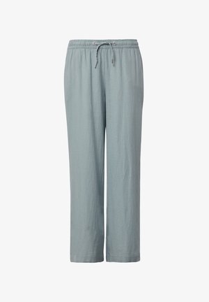 Pantalons bleu clair, amples, en tissu texturé. Dotés d'une taille élastique avec un cordon de serrage. Design simple à jambe droite.
