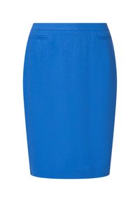 Upravená tužková sukně ve světlé modré barvě, vyrobená z texturované látky. Nabízí elegantní design s jemnými předními sklady a přiléhavým střihem.