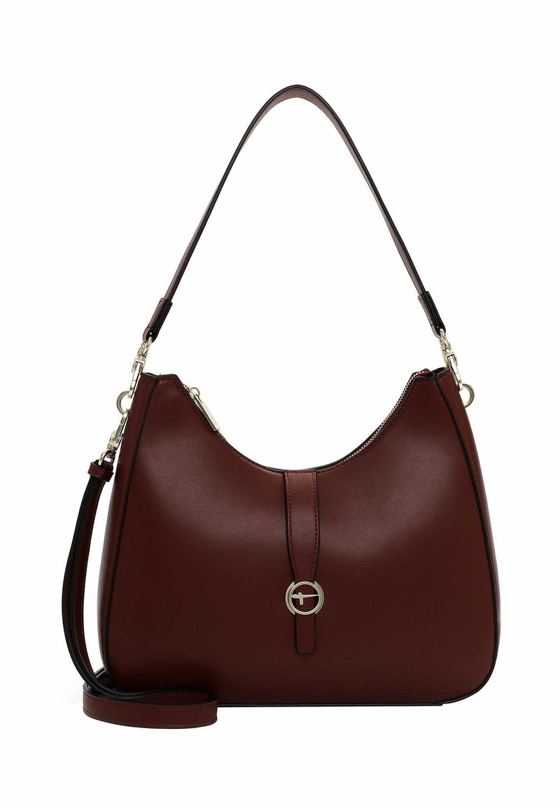 Hobo-Tasche aus bordeauxrotem Leder mit glatter Oberfläche. Merkmale sind Hardware-Elemente in Goldfarbe und ein verstellbarer Schulterriemen. Mit Reißverschluss oben.
