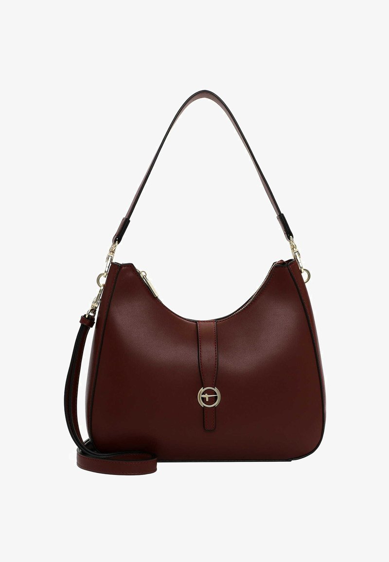 Borsa hobo in pelle bordeaux con finitura liscia. Presenta dettagli in metallo dorato e tracolla regolabile. Chiusura superiore con zip.