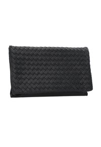 Pochette en cuir noir avec un motif tissé, forme rectangulaire et fermeture à rabat pliant.