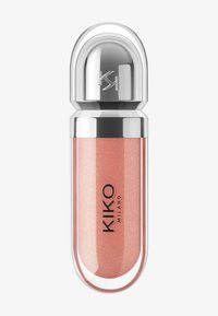 Glossy, metallic silver-capped tube of KIKO Milano lip gloss in shimmery peachy-pink shade with transparent rounded container.