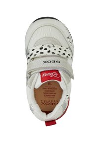 Sneaker bianco con pois neri sulla cinghia, accenti rossi sul tallone e pannelli in rete testurizzati. Presenta una chiusura con Velcro e una soletta imbottita.