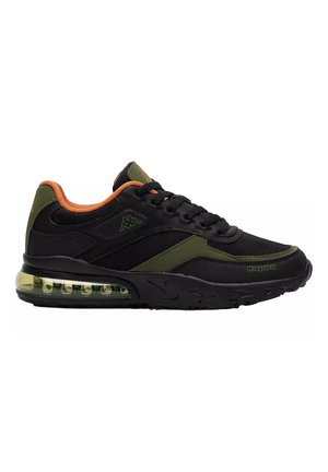 Black and olive green athletic sneaker with orange inner lining, black laces, and visible air-cushion sole designed for casual wear.