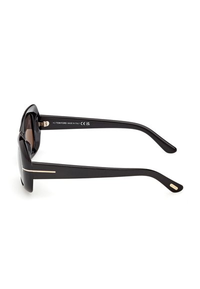 Lunettes de soleil rectangulaires noires avec des branches épaisses, des accents dorés sur les branches et un texte de marque à l'intérieur de la branche droite.