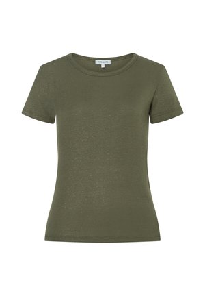 Olivgrünes, geripptes Strick-T-Shirt mit kurzen Ärmeln, Rundhalsausschnitt und figurbetonter Silhouette, Größe Small.