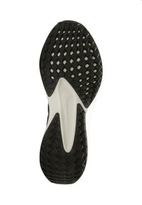 Suela de zapatilla deportiva blanca y negra con huella de diamante y logotipo central de Nike en goma blanca texturizada.
