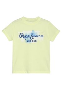 Světle žluté bavlněné tričko s modrým potiskem ve stylu akvarelu a textem "Pepe Jeans London", krátké rukávy a kulatý výstřih.