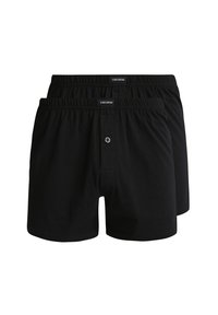 Boxer shorts de algodón negro, pack de dos, con cinturilla elástica, abertura con botones y una textura suave y lisa. Diseño sencillo sin patrones.
