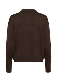 Brązowy sweter Pulower z dzianiny o miękkiej teksturze, luźnym kroju i kołnierzykiem. Posiada długie rękawy i ściągacz na dole.
