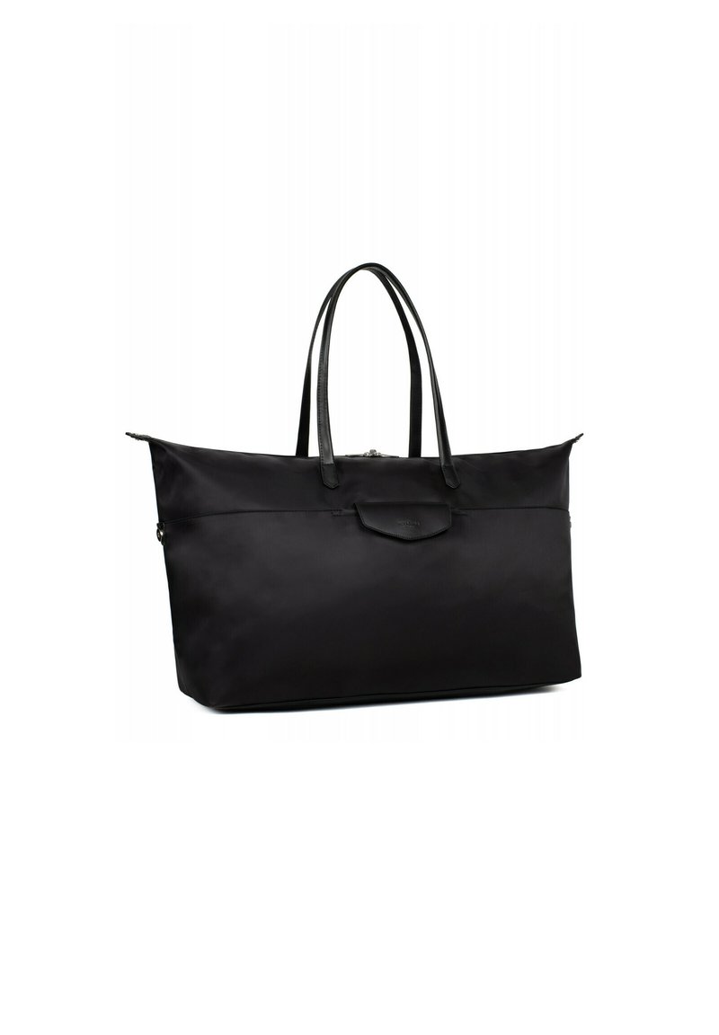 Zwarte nylon tote bag met leren accenten, ritssluiting en twee stevige handvatten; rechthoekige vorm met een gladde, matte textuur.