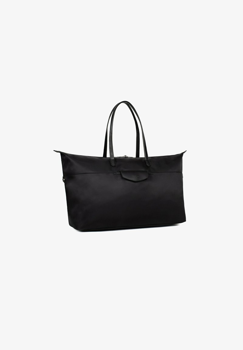 Zwarte nylon tote bag met leren accenten, ritssluiting en twee stevige handvatten; rechthoekige vorm met een gladde, matte textuur.