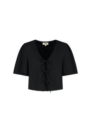 Schwarze kurzärmlige Bluse mit tiefem V-Ausschnitt, gebundenem Frontverschluss und gewellten Säumen. Hergestellt aus glattem, leichtem Stoff.