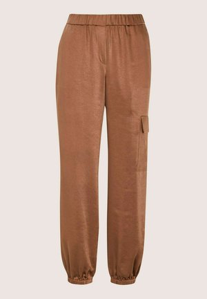 Braune, glatte Jogginghosen aus Stoff mit elastischem Bund, engen Bündchen und einer Seitentasche zur Aufbewahrung. Einfaches und funktionales Design.