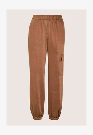 Braune, glatte Jogginghosen aus Stoff mit elastischem Bund, engen Bündchen und einer Seitentasche zur Aufbewahrung. Einfaches und funktionales Design.