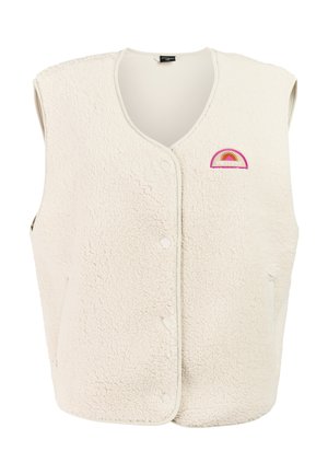 Roomkleurig mouwloos fleecevest met drukknopen en een klein roze-oranje zonlogo op de borst.