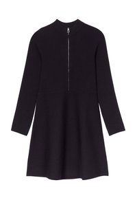 Black long-sleeve dress in soft fabric with a fitted bodice and flared skirt. Features a front zipper and a high, rounded neckline.