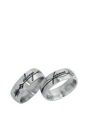Two silver rings with black inscriptions; one reads "always" with an arrow design, the other reads "forever" with an infinity heart symbol.