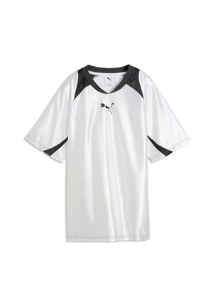 Weißes Puma-Sportshirt mit schwarzem Kragen und schwarzen Akzenten an Schultern und Ärmeln, mit Puma-Logo auf der Brust.
