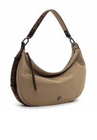 Bež sünteetiline õlakott pehme, kumerate joontega. Pruun leopardikujuline rihm ja hõbedane tõmblukk. Logo on esiküljel reljeefselt kujutatud.