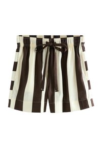 Stribede svømshorts med skiftende brune og cremede farver, elastisk talje, snøre og sidelommer. Blødt stof og afslappet pasform.