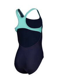 Bañador de una sola pieza con un cuerpo azul marino oscuro y una parte superior en un tono azul claro en contraste, diseño de espalda al descubierto, textura suave sin patrones.
