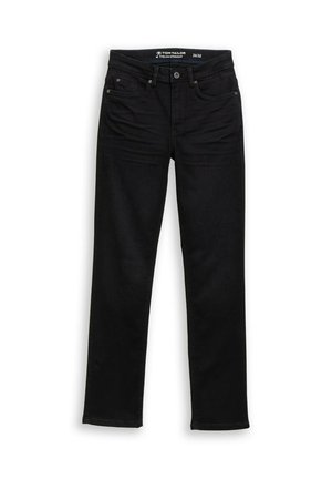 Jeans neri a gamba dritta realizzati in denim, con un classico design a cinque tasche, chiusura con bottone e una finitura pulita e testurizzata.