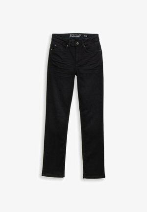 Black straight-leg jeans made of denim, featuring a classic five-pocket design, a button closure, and a clean, textured finish.