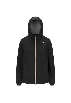 Giacca leggera nera con cappuccio, dotata di una chiusura frontale con zip decorata con accenti multicolori discreti e un piccolo logo sul petto.