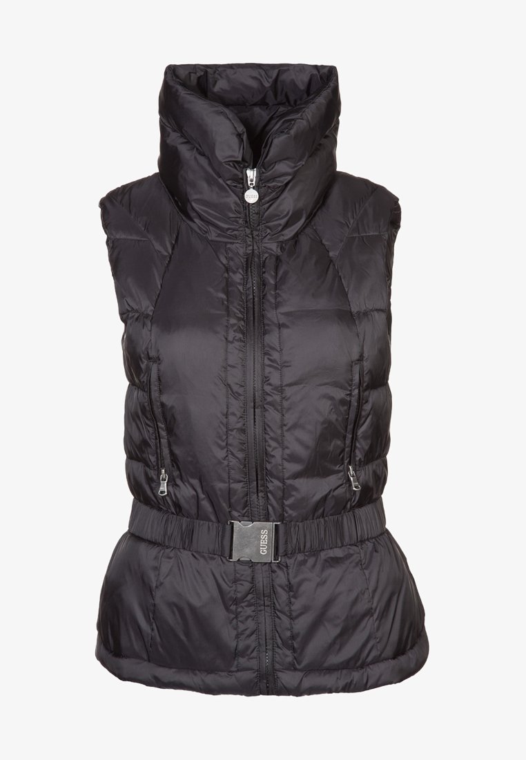 Doudoune noire sans manches avec col montant, fermeture éclair et taille ceinturée. Comprend des poches latérales et une texture matelassée. Fabriquée en tissu léger et brillant.