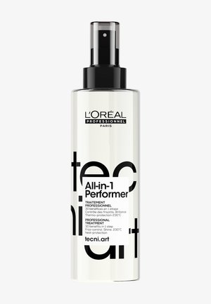 L'Oréal Professionnel Paris All-in-1 Performer haarsprayfles met zwarte sproeikap, die 30 voordelen promoot, waaronder pluiscontrole en hittebescherming.