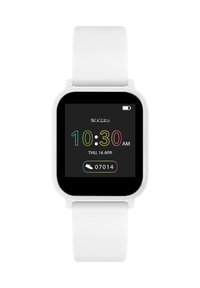 Quadratische Smartwatch mit einem schwarzen Touchscreen-Display, einem weißen Kunststoffgehäuse und einem Silikonarmband. Zeigt Uhrzeit, Datum und Schrittzahl an.