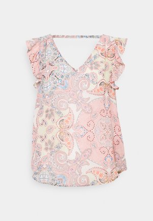 Hihaton pusero röyhelöillä olkapäillä, V-pääntiellä ja monivärisellä, monimutkaisella vaalealla kankaalla painetulla pinkki-sininen-beige paisley-kukkapainatuksella.