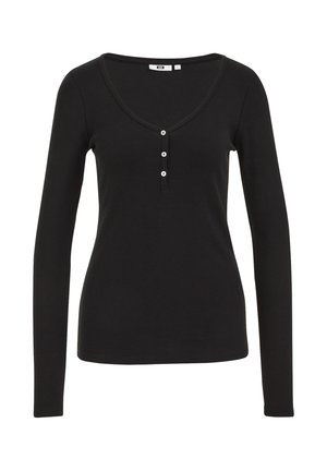 Svart långärmad topp i ribbat tyg, med djup V-halsringning och tre knappslå med vita knappar. Slät textur över hela plagget.