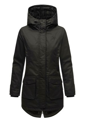 Parka negra aislante con capucha, bolsillos con botones de presión, cierre de cremallera y un dobladillo ligeramente curvado. Tejido exterior suave.