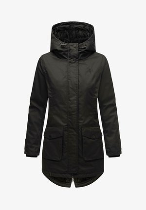 Parka noire isolante avec capuche, poches à bouton-pression, fermeture éclair et ourlet légèrement arrondi. Tissu extérieur lisse.