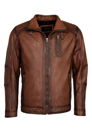 Bruine leren jas met een ritssluiting aan de voorkant, twee zijzakken en een borstzak. Bevat gewatteerde details op de schouders.