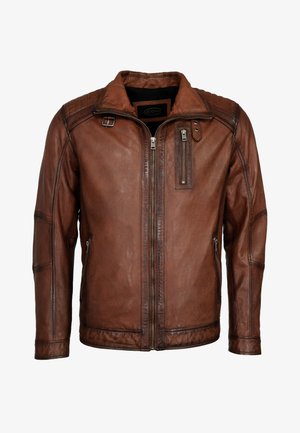 Braune Lederjacke mit einem Reißverschluss vorne, zwei seitlichen Taschen und einer Brusttasche. Sie verfügt über eine gesteppten Details an den Schultern.