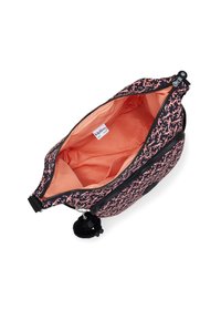 Custodia con zip con un motivo floreale nero e rosa, esterno in tessuto morbido e interno arancione brillante. Presenta un accento con pom-pom.
