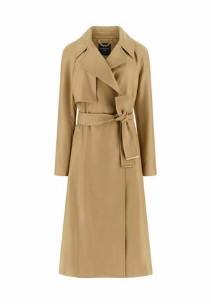 Trench-coat beige avec ceinture, longueur mi-mollet, fabriqué en tissu lisse. Doté d'un col cranté et de manches longues, avec des lignes épurées et peu de détails.