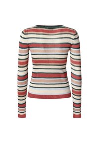 Geribbelde lange mouw top met een ronde halslijn, voorzien van meerkleurige horizontale strepen in rode, groene, beige en crèmekleurige tinten.