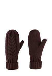 Pereche de mănuși tricotate maro închis, una cu model împletit și cealaltă cu textură simplă, ambele având manșete reiate.