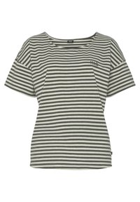 Gestreiftes T-Shirt in Grau und Weiß. Kurze Ärmel, weit geschnittene Halslinie, mit kleinem Logo auf der Brust. Aus weichem Baumwollmaterial.