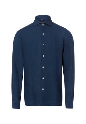 Chemise bleu foncé à manches longues avec col pointu et sept boutons blancs sur le devant.