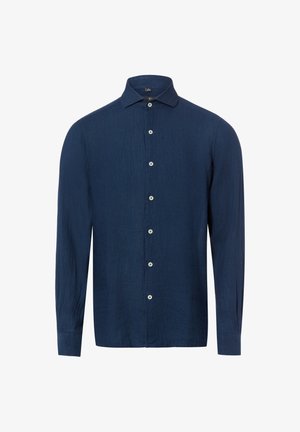 Dunkelblaues Hemd mit langen Ärmeln, Knopfleiste und spitzem Kragen sowie sieben weißen Knöpfen auf der Vorderseite.
