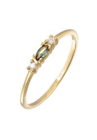 Goldring mit einem ovalen grünen Edelstein, flankiert von zwei kleinen runden klaren Steinen, in einem strukturierten Fassungsdesign.