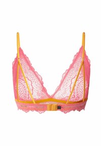 Rosa spetstopp med scallopade kanter, med gula axelremmar och en låsning bak. Lätt och semi-genomskinligt material.