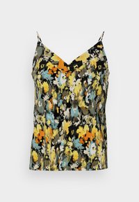 Blommig teddy i svart, med mönster i gult, orange och blått. V-ringad design med tunna, justerbara band. Mjuk, ribbad yta.