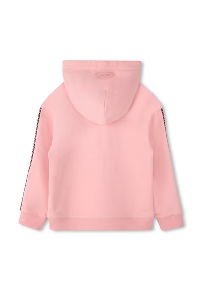 Felpa con cappuccio rosa dal texture morbido, con un'etichetta del logo sul retro e accenti a contrasto lungo le maniche.